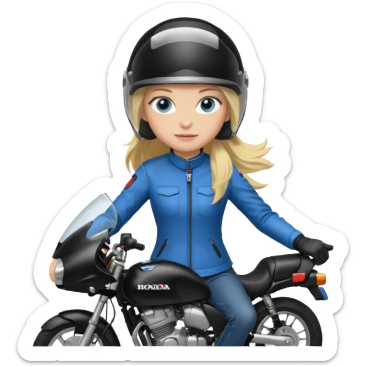 moça loira de cabelo comprido e olhos azuis com capacete em moto honda 150 preta em cima da moto sticker