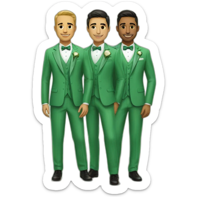 set of grooms in green suits light olive skinned latino the other groom white sticker