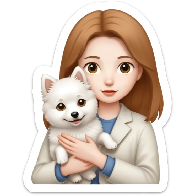 light brown hair girl with pale skin holding a white Japanese spitz dog sticker