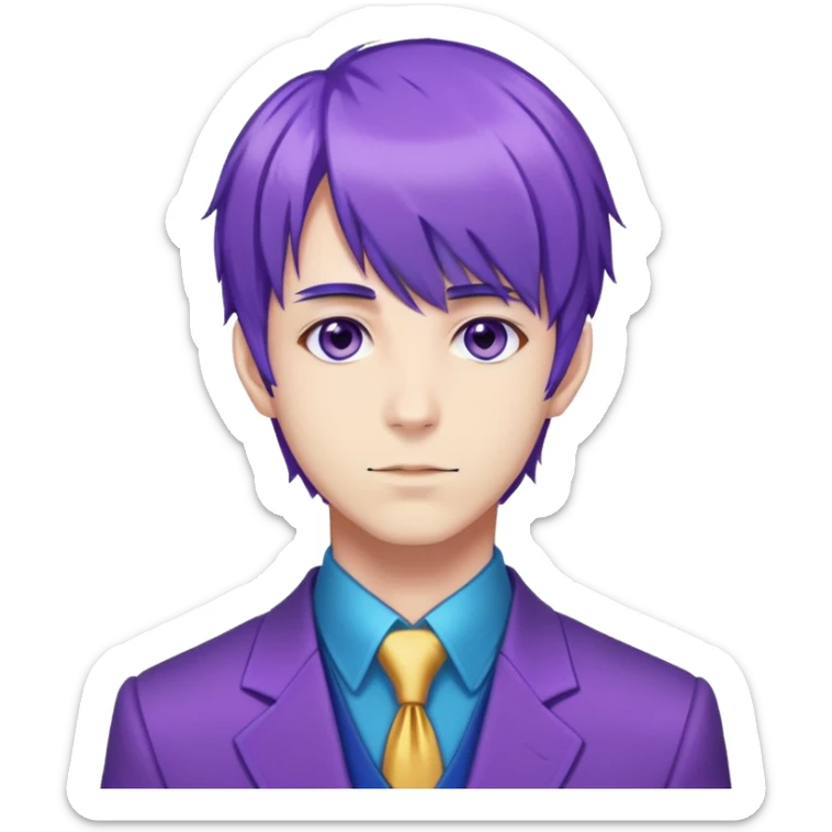 white man, purple hair with bangs and blue highlights, kinda tall, wearing a purple carnival outfit (smth like a suit), and looks like an anime character. sticker