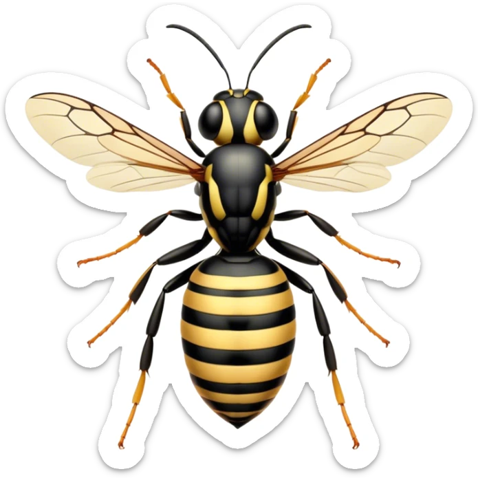 Beautiful and Majestic Wasp Portrait Emoji, Head and body rendered in serene repose with a gentle, confident smile, showcasing a refined, streamlined form with delicately patterned stripes and softly closed, focused eyes, Simplified yet exquisitely endearing features, highly detailed, glowing with a soft, drowsy radiance, high shine, relaxed and utterly noble, stylized with an air of regal insect elegance, soft glowing outline, capturing the essence of a beautiful and majestic wasp that embodies the refined power of nature! sticker
