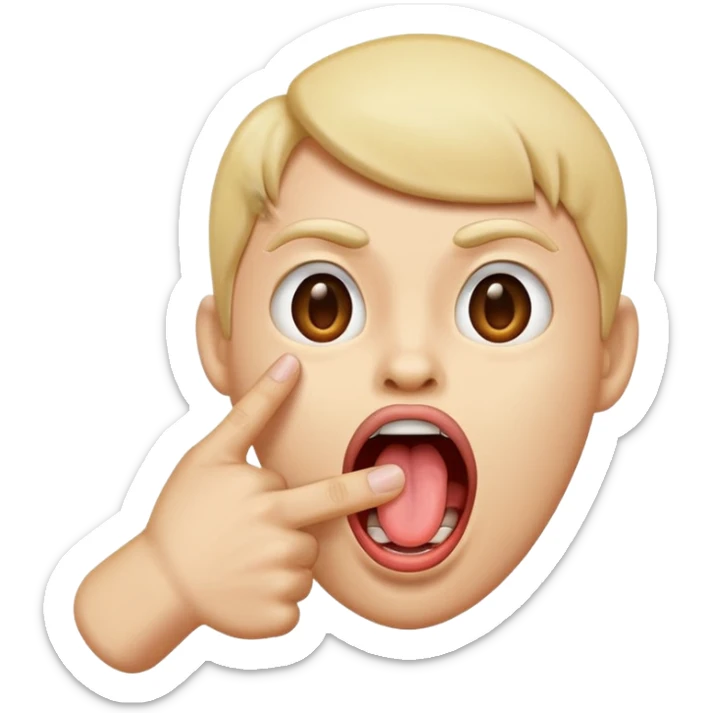 A finger pointing at an open mouth with the tongue out to indicate hungry sticker