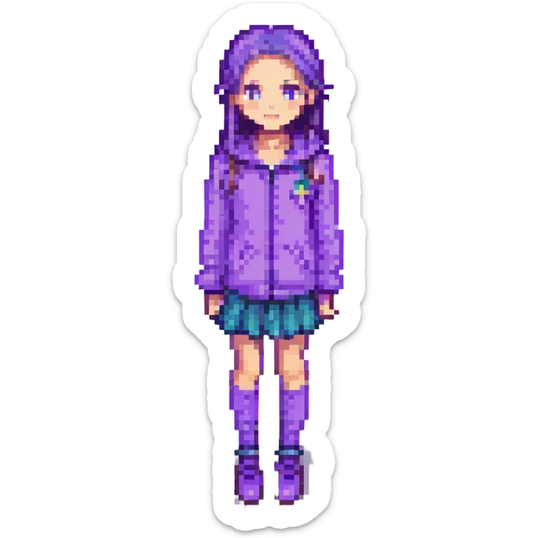 Change the girl's clothes to purple, keep the pixel art style, with no background. sticker