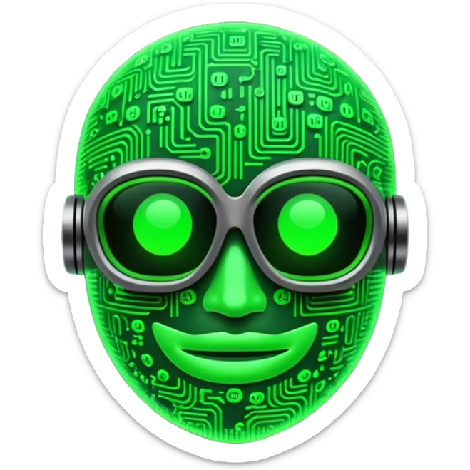 Cyberpunk emoji formed from cascading green Matrix symbols, neon glow, dark futuristic background, smooth rounded design, 3D style, high contrast, cinematic lighting. sticker
