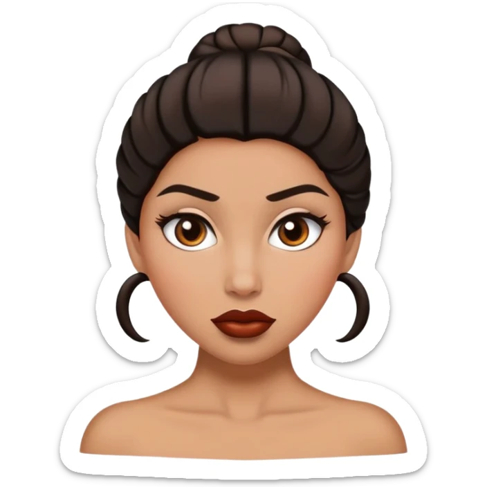 Une femme noir avec un chignon haut et les cheveux sont bruns avec un œil marron et un œil marron très très claire et une grosse bouche sticker