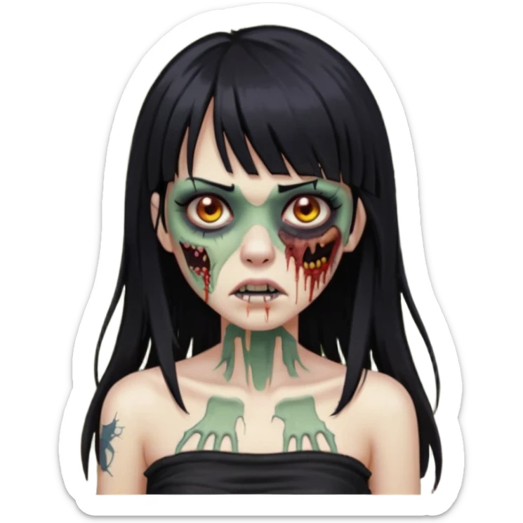Faça uma mulher zumbi de franja cabelo longo preto piercing no bridge e tub top preto sticker