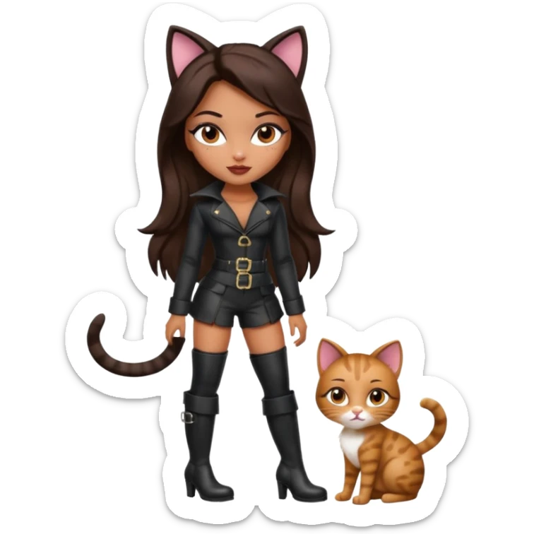 A sexy, super pretty bratz girl with caramel skin. Dark brown hair and brown eyes. She has freckles. Wearing sexy makeup. Dressed as a sexy cat with tall black boots on sticker