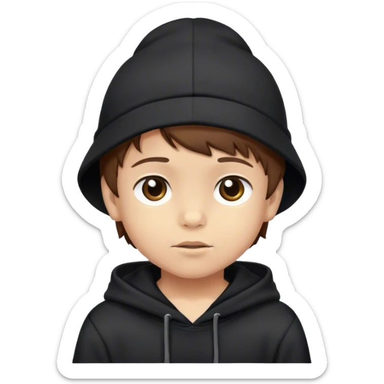 Light skin little boy with a black hat on his head and wearing a black hoodie with brown hair sticker