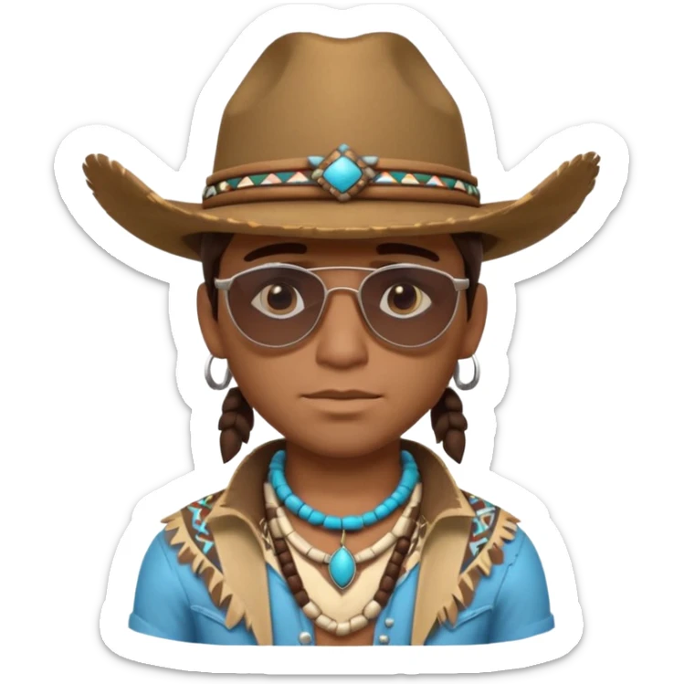 cute Indigenous tribal male portrait, head and shoulders only, cowboy hat, sunglasses, tribal jewelry, confident expression, 3D cartoon, mobile game icon style, clean background, no text, no watermark
 sticker