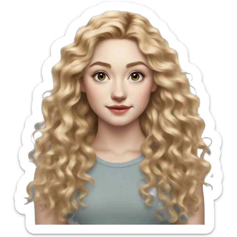 Skyler Samuels long blonde curly hair teenager, hyperreal photoreal portrait sticker