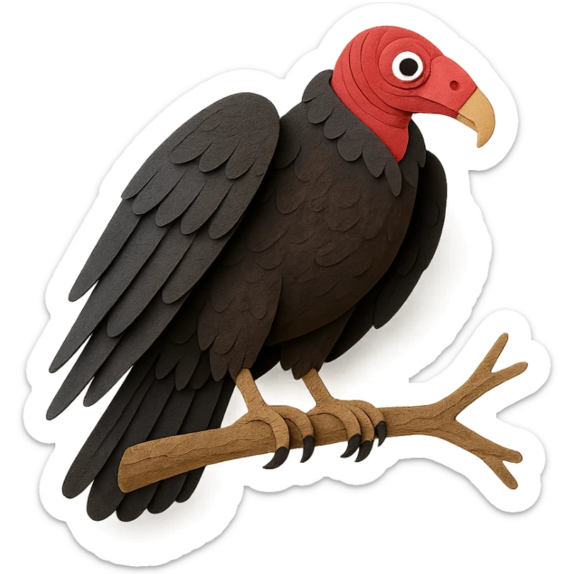 turkey vulture on a branch, layered paper details, large wings, red head, expressive eye, naturalistic pose sticker