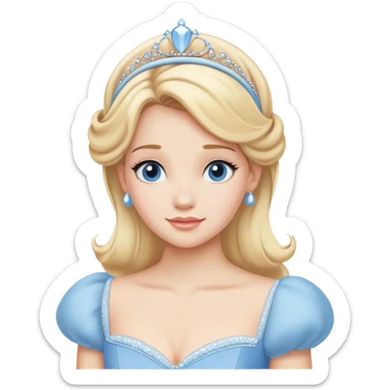 Cinderella from hips up, classic light blue ballgown, blonde hair with headband, minimal style but very recognizable sticker