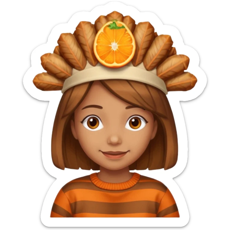 happy tan girl with an orange striped sweater and a cooked browned turkey on her head  sticker