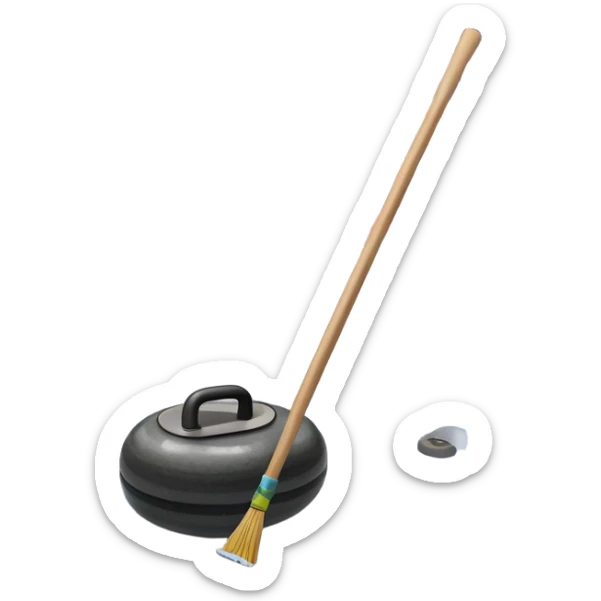 An icon showing a detailed close-up of a curling stone sliding across the ice, with a broom in motion beside it. The background features an indoor stadium with cheering spectators on the stands. Transparent background captures the strategy and focus of curling. sticker