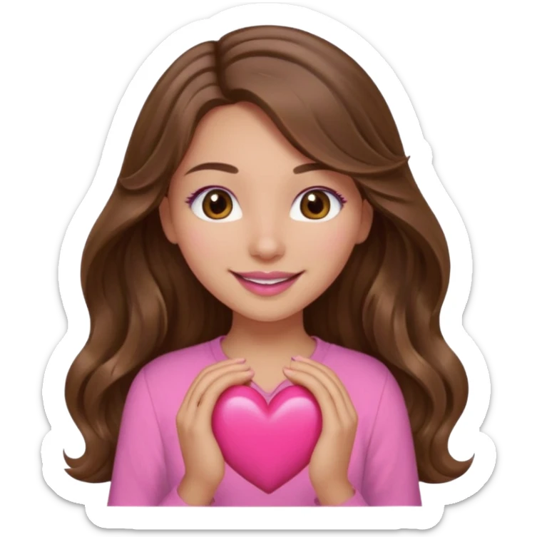 girl with long wavy brown hair, brown eyes, light to medium complexion, in a pink shirt, pink lips, long lashes, smiling, squeezing a big heart sticker
