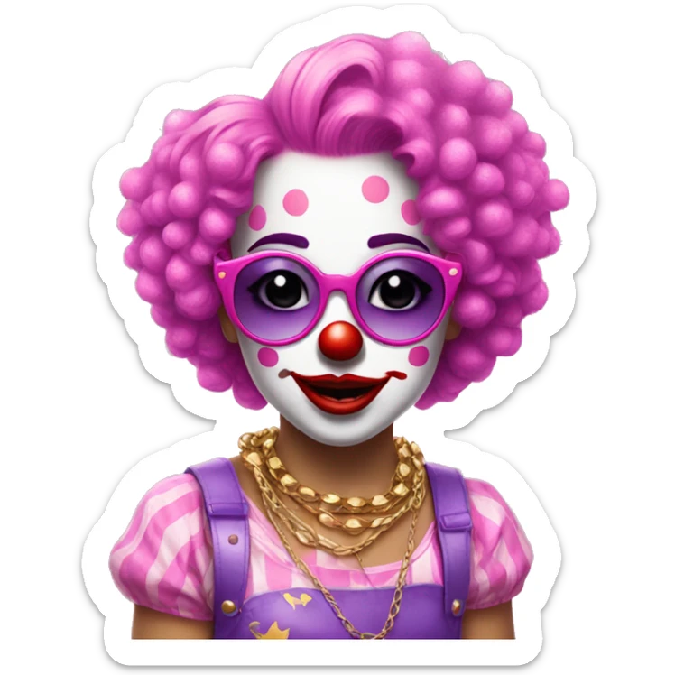 Girl Clown wearing pink sunglasses, glitter shirt, clown has pink and purple hair, gold chain,  sticker