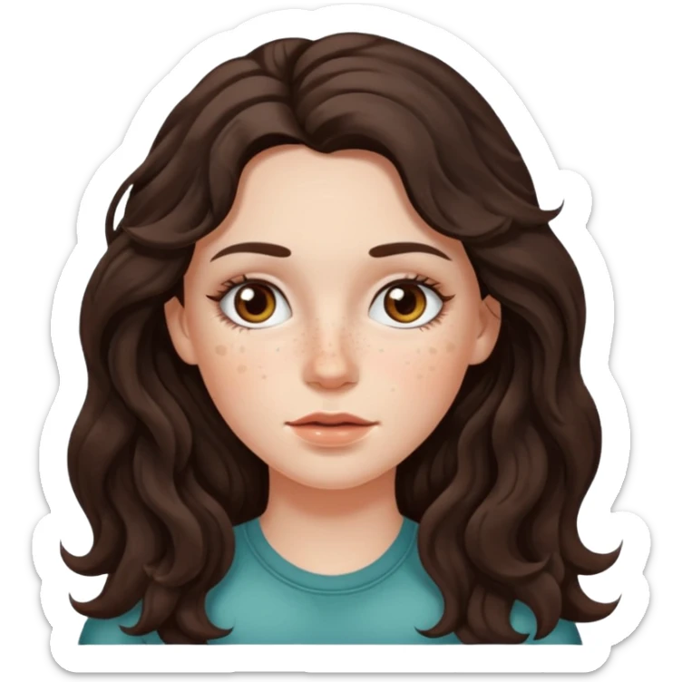 A white girl with long dark brown wave hair and patches under her eyes sticker
