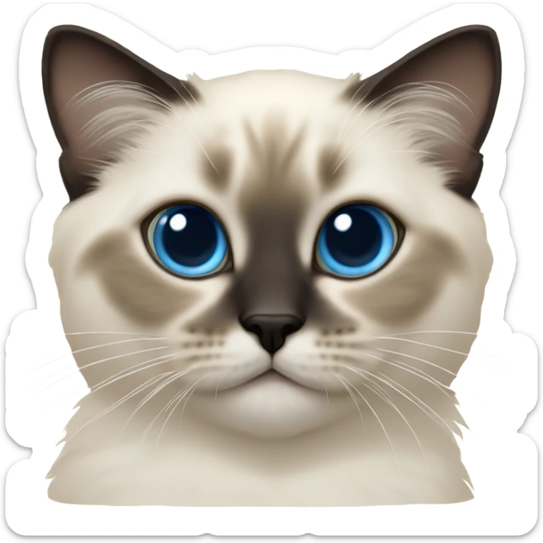 an entire birman kitten, small face, some spots of dark on the ears and middle of the face, blue eyes, laying down relaxed on a shoulder. sticker