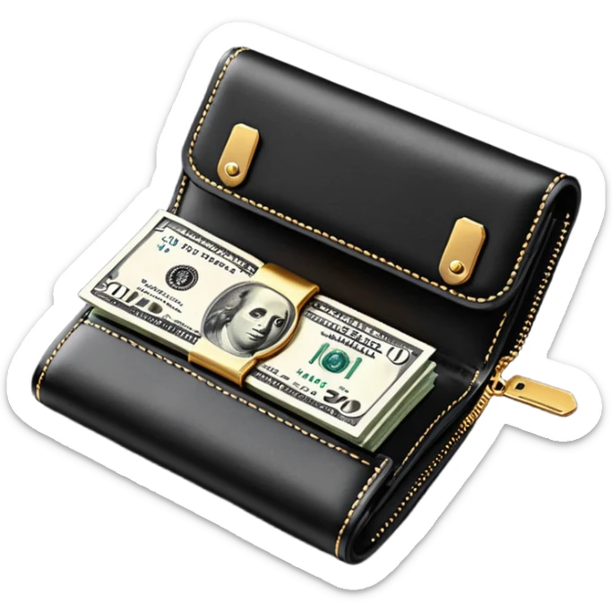 Rich emoji style black leather wallet with dollar bills, luxury money vibe, premium 3D emoji, ultra clean, high detail, no background sticker