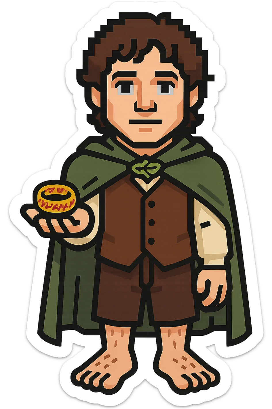 Whole body image of Frodo Baggins from the lord of the rings movie in pixel art style. Make Frodo look like the actor that portrayed him in the movie, Elijah Wood. Frodo is wearing the same green elven cloak with the leaf buckle, brown vest, cream undershirt, dark brown leather short pants, and hairy hobbit feet. He is holding the one ring in the palm of his outstretched hand. the ring is golden yellow with red elven inscription. sticker