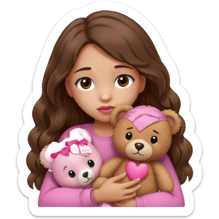girl with long wavy brown hair, brown eyes, light to medium complexion, in a pink shirt, pink lips, long lashes, sad, hugging squeezing a teddy bear with bandaid hearts sticker