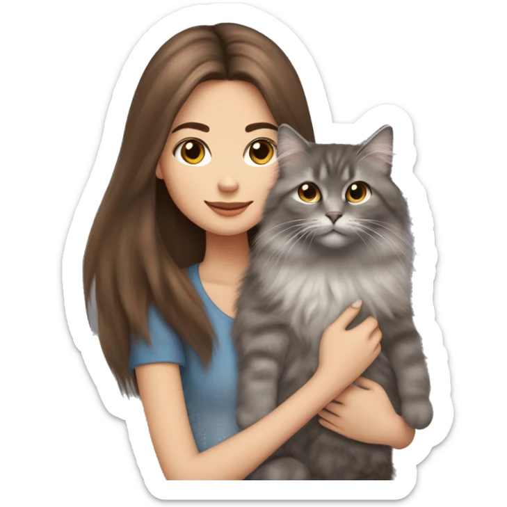  Chestnut brown straight hair girl holding fluffy Siberian gray cat  sticker