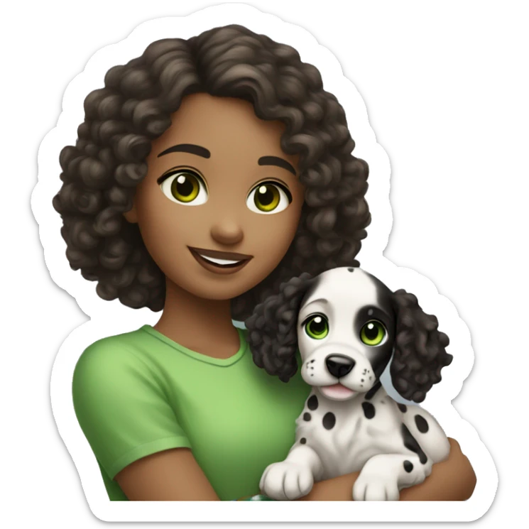 Girl with dark brown curly hair and green eyes is holding Dalmatian puppy sticker