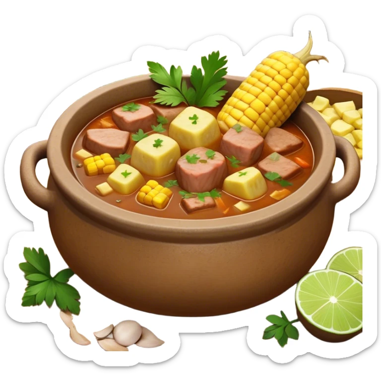 Cinematic Realistic Sancocho Antioqueño Emoji, depicting a hearty Colombian stew brimming with tender cuts of meat, yuca, plantains, corn on the cob, and potatoes in a rich, flavorful broth. Served in a rustic clay bowl with fresh cilantro and lime on the side, rendered with warm, inviting textures and homely, comforting lighting. sticker