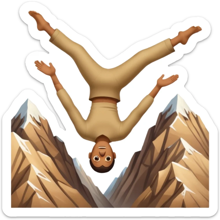 apple style emoji of a man tumbling head over heels past a mountain, upside down sticker