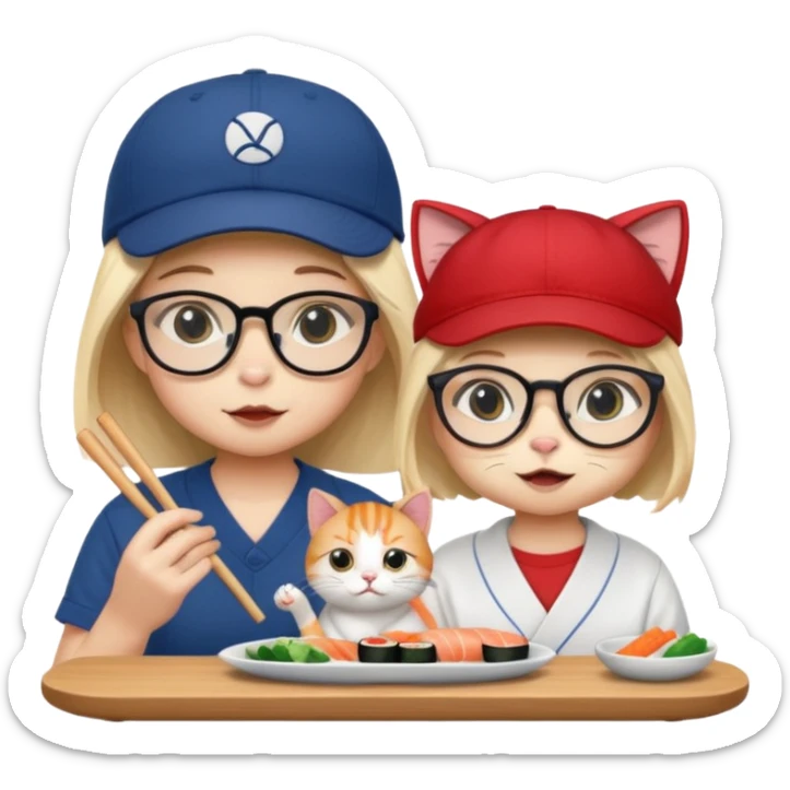 cute girl cat wearing glasses and a cute boy cat wearing a baseball cap eating sushi together sticker