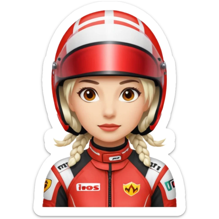 woman with white braided hair in red racer helmet sticker