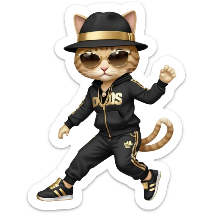 female cat dressed like Run DMC in tracksuit, fedora, Adidas shoes, dark sunglasses, lots of gold chains and bling accessories, break dancing sticker