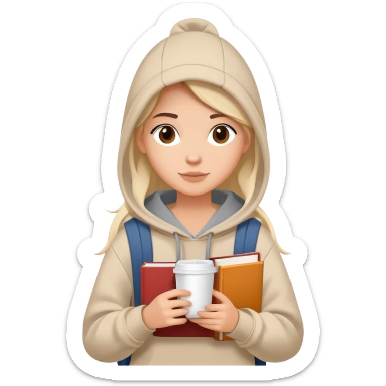 A flat-style illustration of a woman college student with a tote bag over the shoulder and a book in one hand and coffee. The student wears a hoodie. Clean cartoon style, white background, iOS emoji aesthetic. sticker