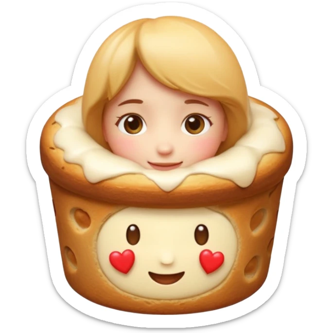 Apple-style emoji illustration of a cute face with dreamy eyes hugging a traditional panettone, small hearts floating around, soft 3D emoji style, smooth gradients, rounded shapes, warm festive colors, simple expression, centered composition, transparent background, no text. sticker