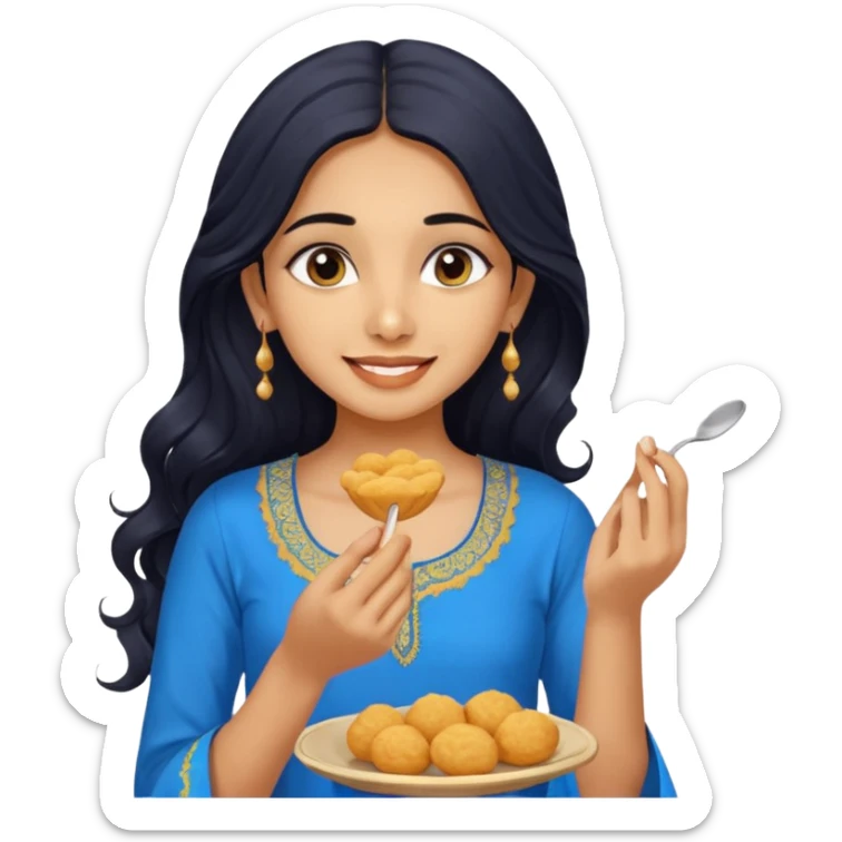 a pretty tan indian bratz girl with wavy long BLACK hair. eyeliner on, wearing a blue kurti, eating golgappa. NO SPOON sticker