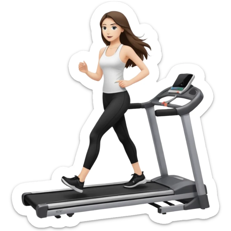 белокожая девушка на беговой дорожке, с правильной анатомией, брюнетка с длинными волосами, в белом топе на тонких лямках и в черных лосинах sticker