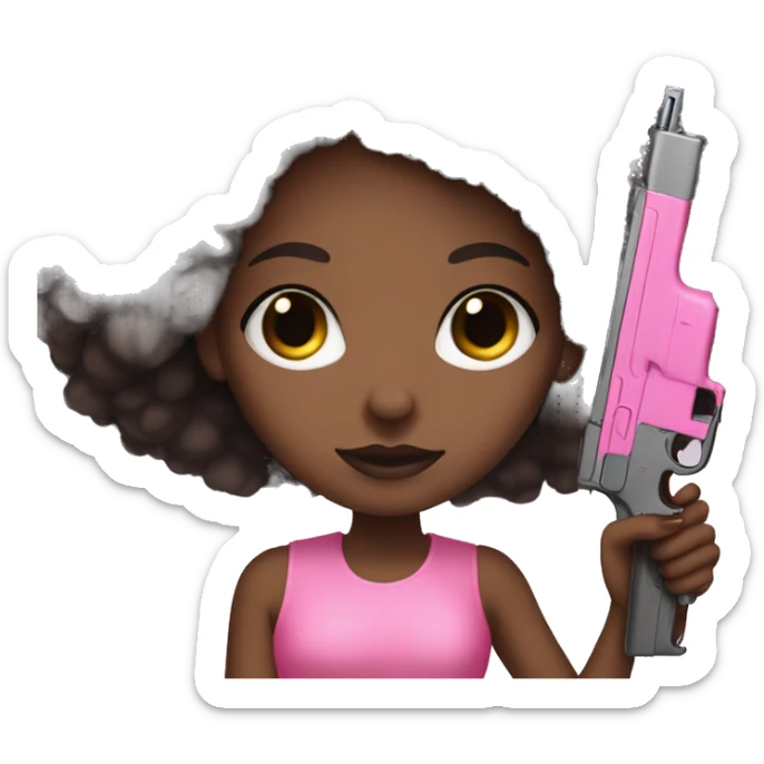 Afro hair brown Girl hand pink nails holding pink gun black eyes sticker