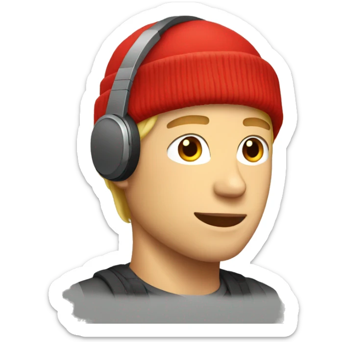 short hair blonde guy with red beanie and headphones on sticker