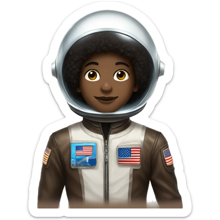 13 year old boy named Tevin Walker: Brown Skin, Dark Brown Eyes, Black Michael Jackson Afro, Wearing a space suit and round crystal clear space helmet sticker