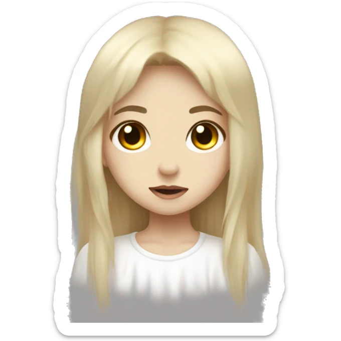 a ghost girl looking like an angel, pale with long dark blonde hair, honey-colored eyes and a black jirai kei shirt, she has side bangs sticker