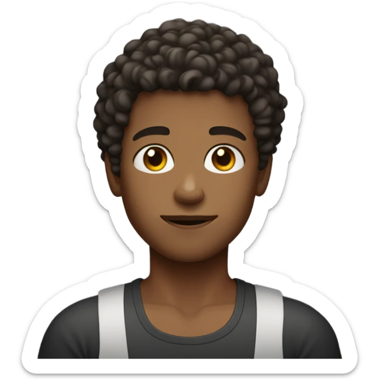 Boy with curly hair shaved on the sides, dark brown eyes, wearing tank top sticker