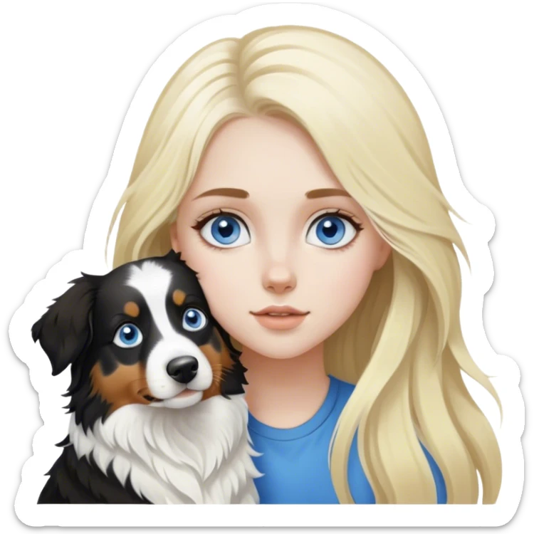 pale girl with blue eyes and long blonde hair and black white Australian shepherd. sticker