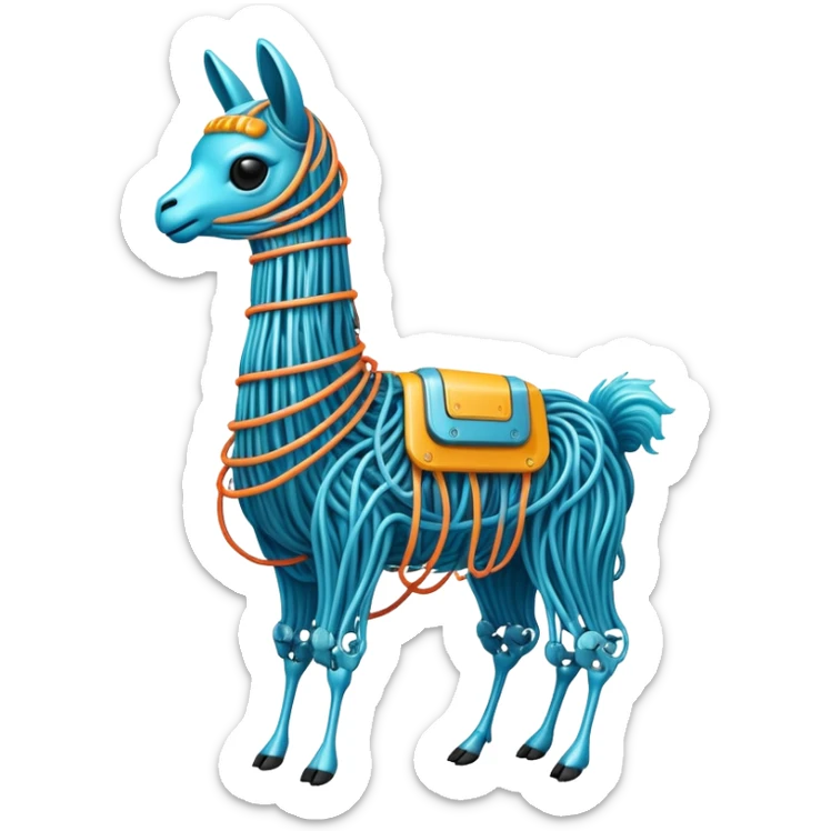 A high-tech llama made of electric wires and cables with rubber scales that reveal its electric skeleton, possessing both jellyfish-like tendrils and the ability to generate electrical pulses that illuminate the ocean depths. sticker