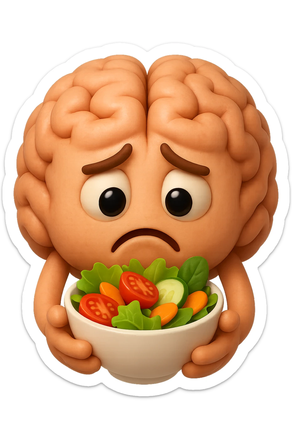 EMOJI STILE IPHONE 3D DI UN cervello umano che tiene in mano un insalata con espressione triste, iperrealistico 4k sticker