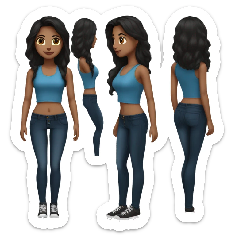 Medium size girl Indian skin tone fair long dark brown hair in blue tank top and black high waist skinny jeans sticker