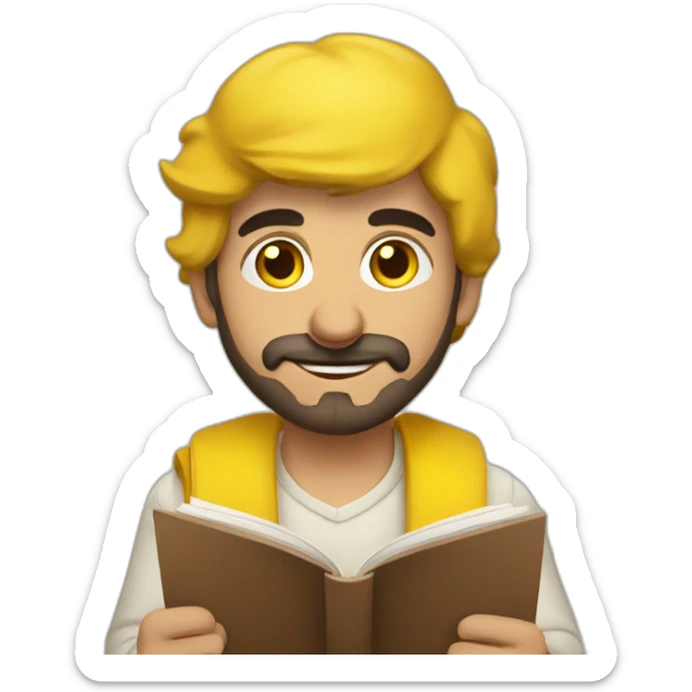 Armenian men with the yellow clothes reading book and looking at camera and smiling  sticker