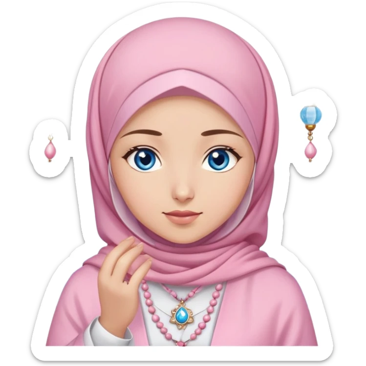 Turkish beautiful finish Konya girl blue eyes with light sakura and pink hijab islamic dress and had in her hand Muslim prayer beads sticker