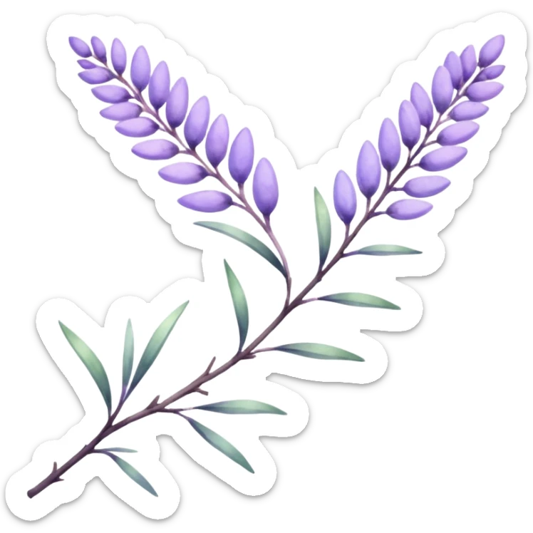 The art style is clean line art with delicate watercolor textures, pastel colors, and a dominant palette of lavender, soft lilac, and muted purple. Let the branch be more elongated sticker