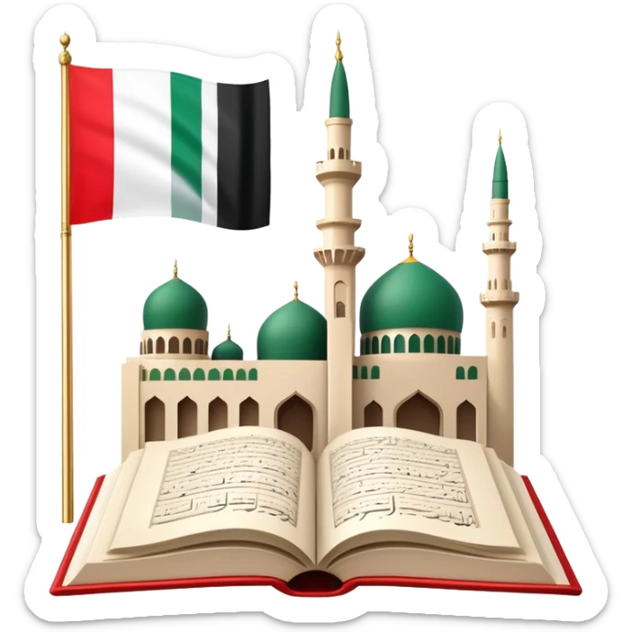 An icon featuring the mosque and the big flag of United Arab Emirates, symbolizing the Arabic language. The design includes an open book with Arabic script and calligraphy, representing language learning and cultural heritage. Transparent background sticker
