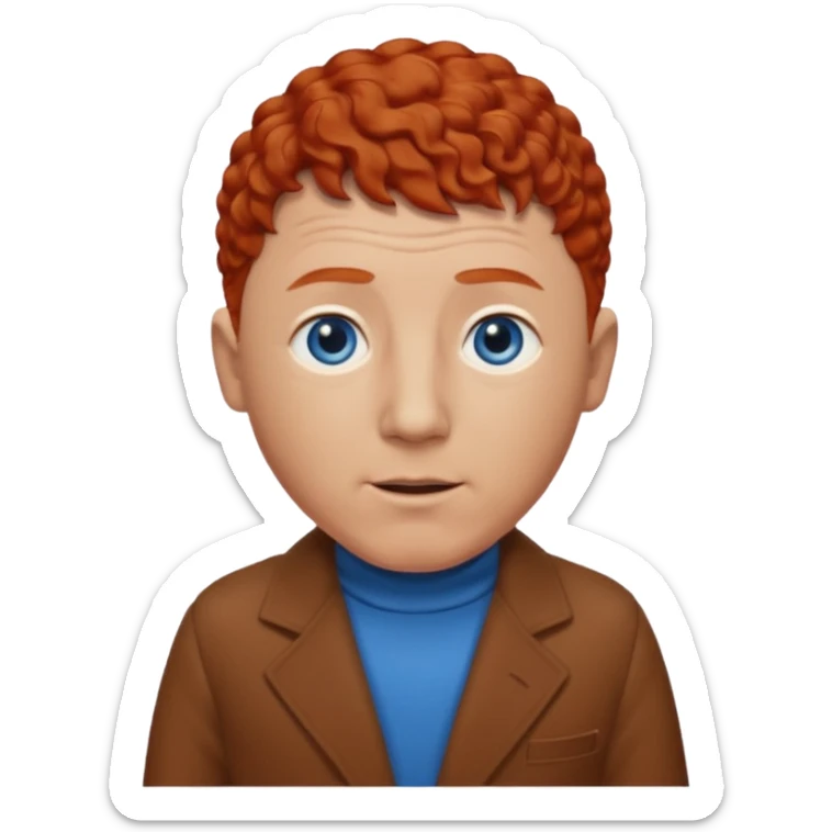 Curly Howard from the Three Stooges with blue eyes, chestnut-red hair, brown outfit sticker